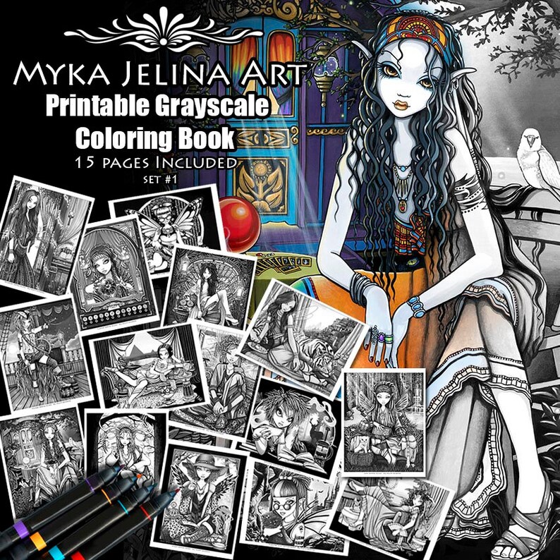 Set 1 Grayscale Printable Coloring Pages Myka Jelina Art Fairy Coloring Book Fantasy Coloring Pages Download 15 pages image 1