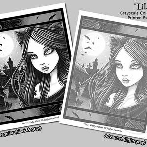 Lila Grayscale Digital Download Coloring Page Halloween Myka Jelina Art Cat Girl Black Cat Graveyard Full Moon Ravens image 2