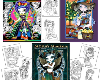 Myka Jelina Minikins Bound Coloring Books Bundle Signed Big Eyes Child Grayscale Line Art