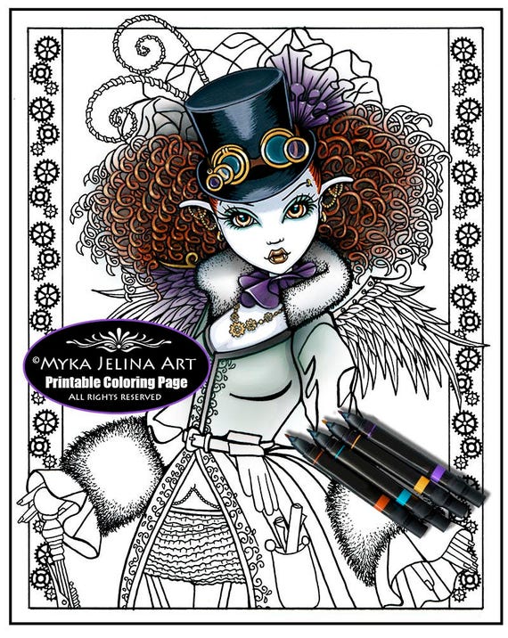 temple  steampunk fairy  digital download  line art  coloring page   myka jelina  victorian vampire  curly hair  top hat