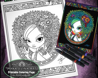 Irisa Starfire - Line Art - Digital Download - Coloring Page - Curly Hair Fairy - Myka Jelina Art - Mandala Fairy - Flower Fae - Hippie