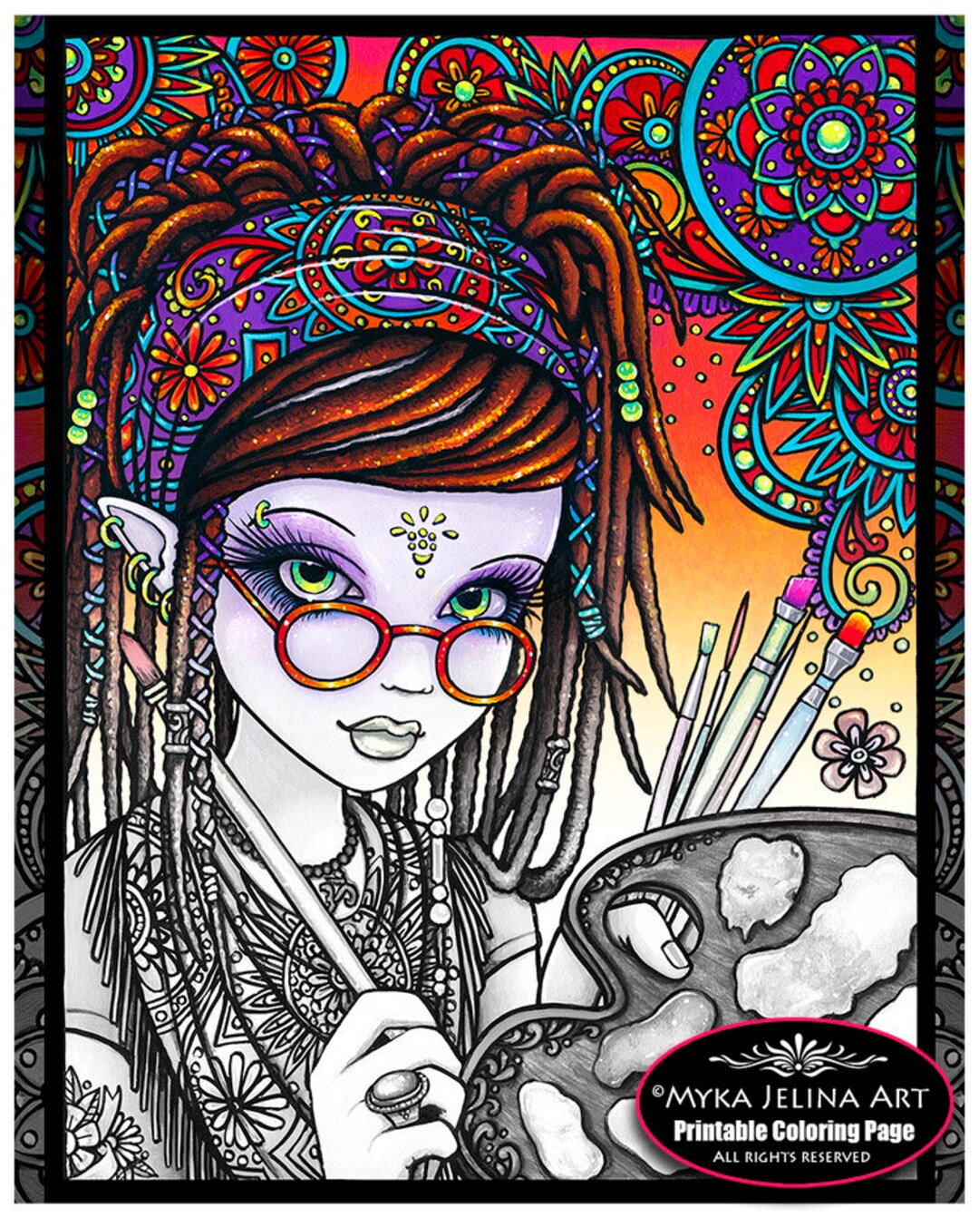Dreamer - Grayscale - Digital Download - Coloring Page - Myka