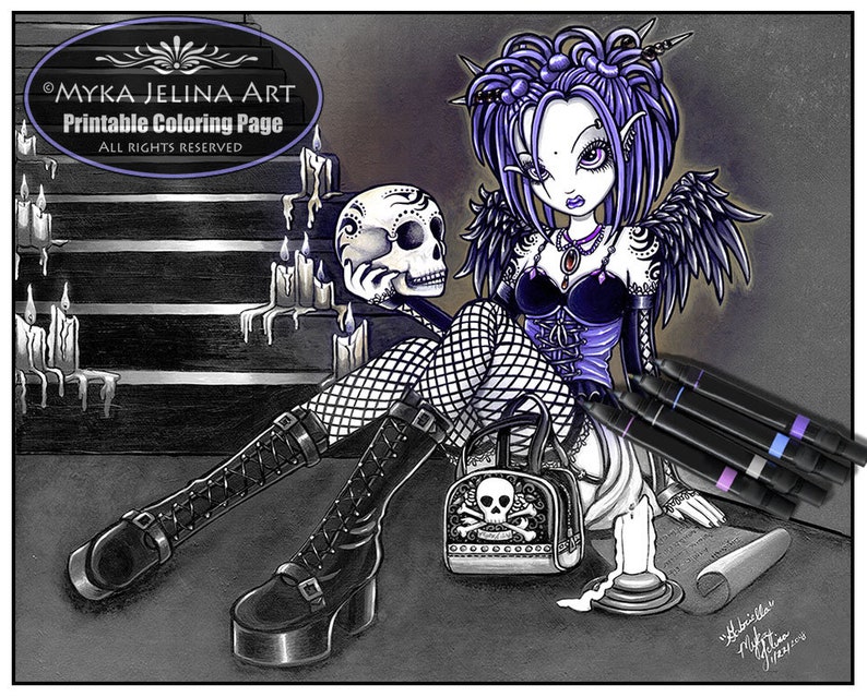 Gabriella Grayscale Digital Download Coloring Page Skull Myka Jelina Art Angel Guardian Halloween Gothic Fairy image 1