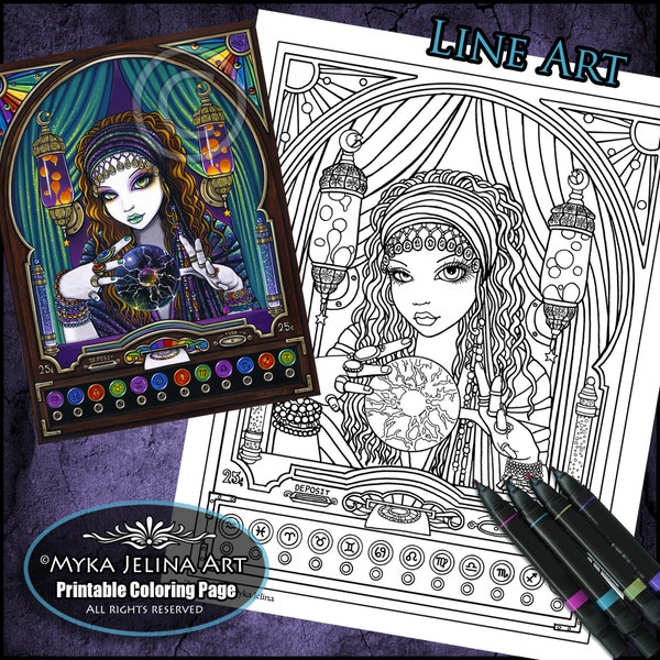 Lumina Line Art Coloring Page Bohemian Fortune Teller Machine Zodiac Mystical Crystal Ball