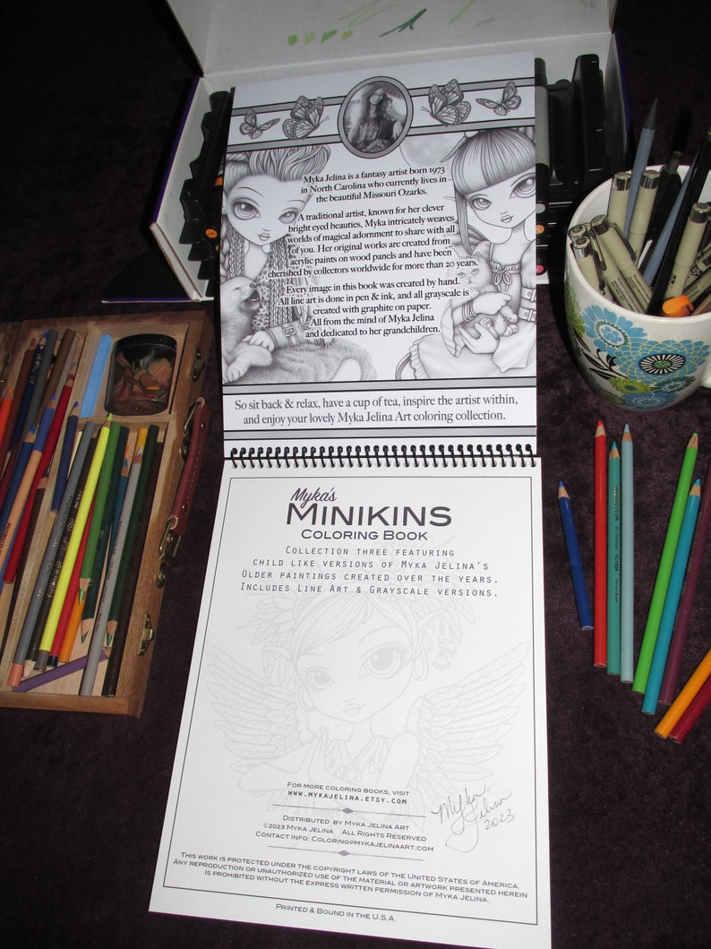 Myka's Minikins Bound Coloring Book 3 Autographed Artist Edition Big Eyed Child Fairy Line Art & Grayscale image 6