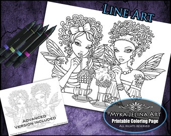 Angie & Connie - Line Art - Digital Download - Coloring Page - Ice Cream Shop - Myka Jelina Art - Best Friends - Sisters - Fairy Art