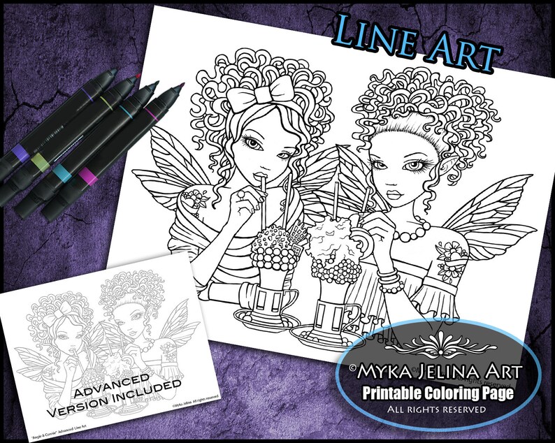 Angie & Connie Line Art Digital Download Coloring Page Ice Cream Shop Myka Jelina Art Best Friends Sisters Fairy Art image 1