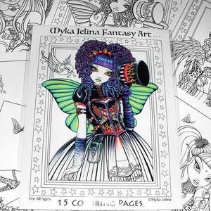 Set 9 Printed Coloring Pages FREE US SHIPPING Big Eyed Fairy Angel Art Loose Leaf Coloring Pack LIne Work 15 Pages image 2