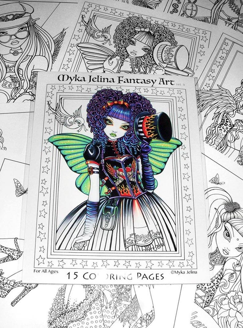 Set 9 Printed Coloring Pages FREE US SHIPPING Big Eyed Fairy Angel Art Loose Leaf Coloring Pack LIne Work 15 Pages image 2