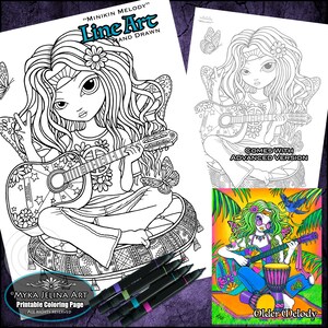 Musique hippie papillon fée dessin au trait dessiné à la main grands yeux Minikin mélodie téléchargement immédiat coloriage art pour enfants