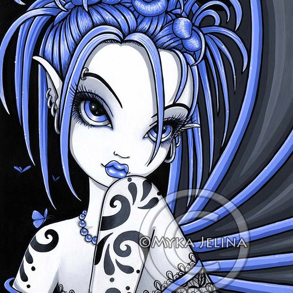 Gothic Fairy Blue Tribal Tattoo Sophia Portrait Signed Art Print by Myka Jelina