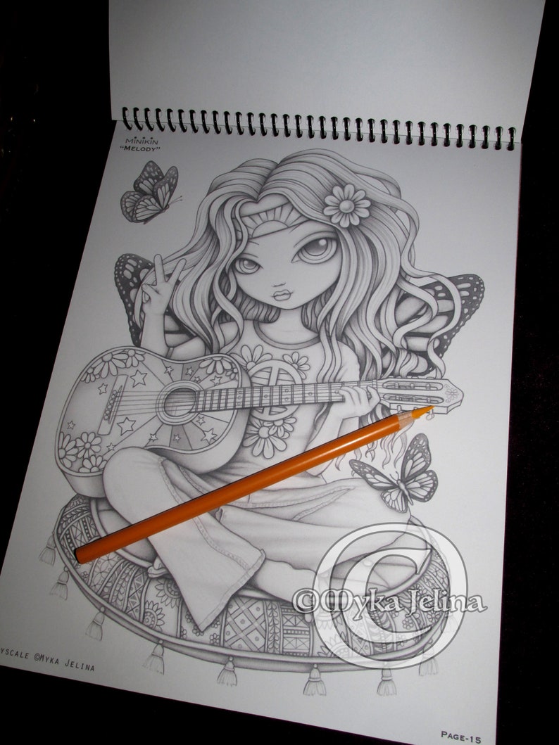Myka's Minikins Bound Coloring Book 3 Autographed Artist Edition Big Eyed Child Fairy Line Art & Grayscale image 10