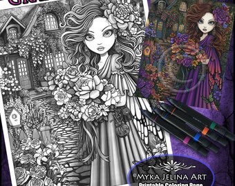 Shaylee Grayscale Digital Download Coloring Page Bohemian Cottage Garden Path Flower Fairy