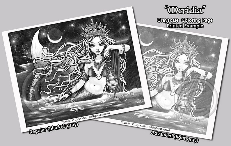 Meridia Grayscale Digital Download Coloring Page Mermaid Myka Jelina Art Siren Seascape image 4