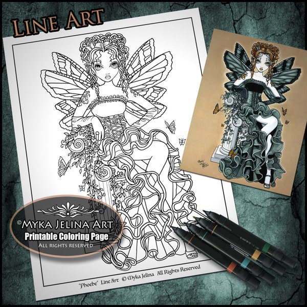 Phoebe - Line Art - Digital Download - Coloring Page - Couture Fairy - Myka Jelina Art - Butterflies