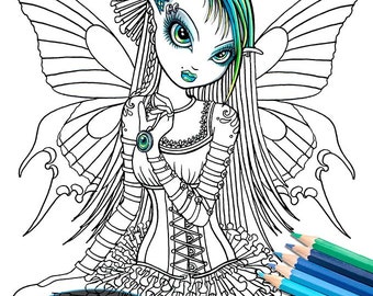 Katy Butterfly Cute Gothic Fairy Digital Download Coloring Page Line Art Myka Jelina Art