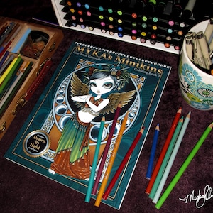 Myka&#39;s Minikins Bound Coloring Book #3 Autographed Artist Edition Big Eyed Child Fairy Line Art & Grayscale