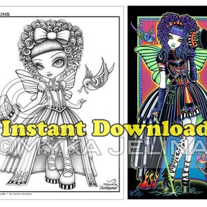 Minikin Juxtapose Grayscale - Instant Download - Coloring Page - Couture Fairy - Gothic Princess - Steampunk Couture - Big Eyed Fairy