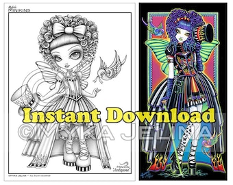 Minikin Juxtapose Grayscale - Instant Download - Coloring Page - Couture Fairy - Gothic Princess - Steampunk Couture - Big Eyed Fairy