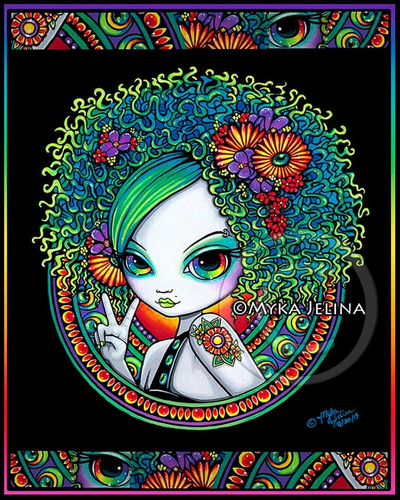 Rainbow Eyes Signé Hippie Imprimer Mandala Psychédélique Fleur Enfant Afro Fantasy Art Irisa Starfire
