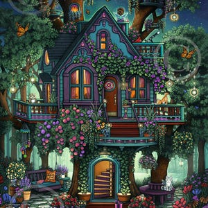 Cottage, casa sull'albero, stampe firmate, fantasy, fiori, fata, giardino, gatti, volpe, gufo, petauri dello zucchero, cardinali, farfalle, l'amore vive qui