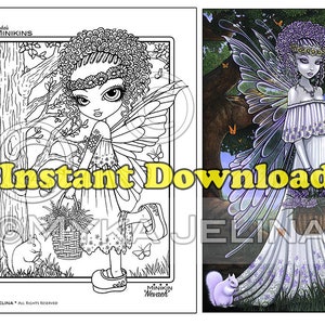 May include: A black and white coloring page featuring a fairy with a basket of flowers and a squirrel. The fairy has curly hair, wings, and a dress with a floral pattern. The text "Mykai's Minikins" and "Minikin Nevaeh" are visible in the image.