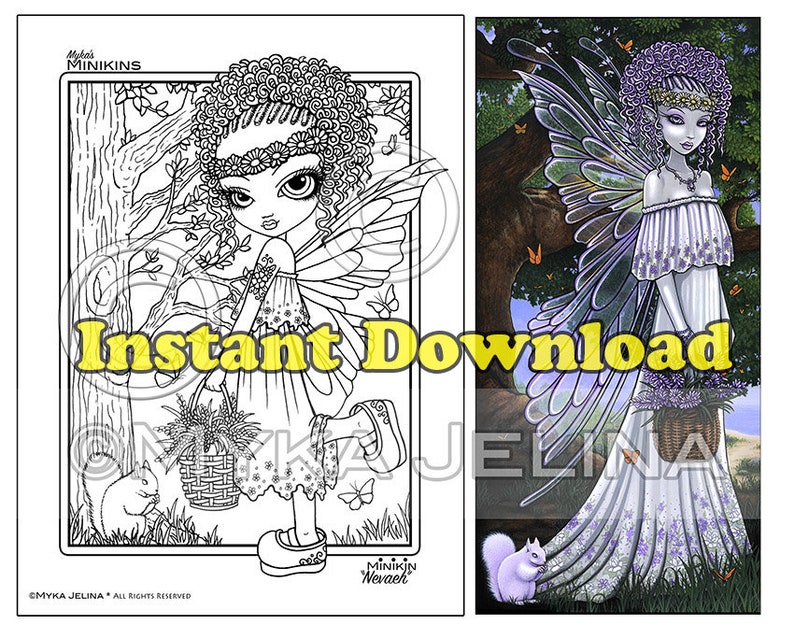 May include: A black and white coloring page featuring a fairy with a basket of flowers and a squirrel. The fairy has curly hair, wings, and a dress with a floral pattern. The text "Mykai's Minikins" and "Minikin Nevaeh" are visible in the image.