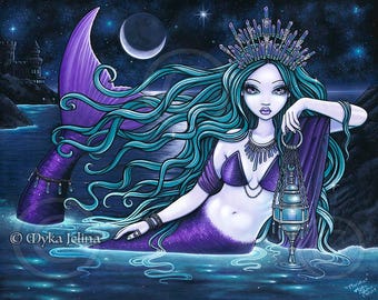 Meridia Lt Ed Embellished  8" x 10" Canvas Bioluminescent Ocean Mermaid Purple Siren Crescent Moon Myka Jelina