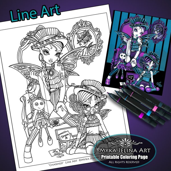 Charmed Line Art Digital Download Coloring Page Myka Jelina Art Gothic Couture Sister Fairies
