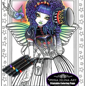 Single Coloring Page &quot;Juxtapose Close Up&quot; Digital Download Line Art Myka Jelina Gothic Victorian Steampunk Tattoo Fairy