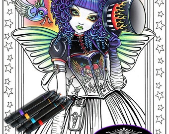 Single Coloring Page "Juxtapose Close Up" Digital Download Line Art Myka Jelina Gothic Victorian Steampunk Tattoo Fairy