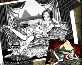 Mayet Grayscale Digital Download Coloring Page Egyptian Posh Goddess Pyramids Myka Jelina Art