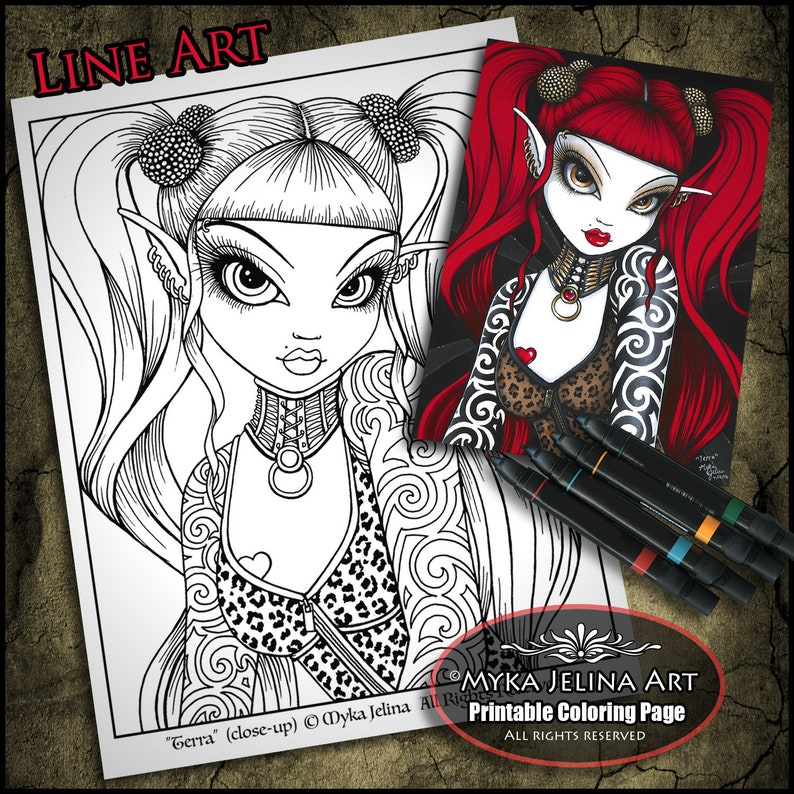 Gothic Fairy Line Art Coloring Page: Myka Jelina Terra (Digital Download) image 1
