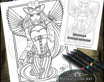 Calamity - Line Art - Digital Download - Coloring Page - Steampunk Cowgirl - Myka Jelina Art - Western Fairy - Cowboy Hat