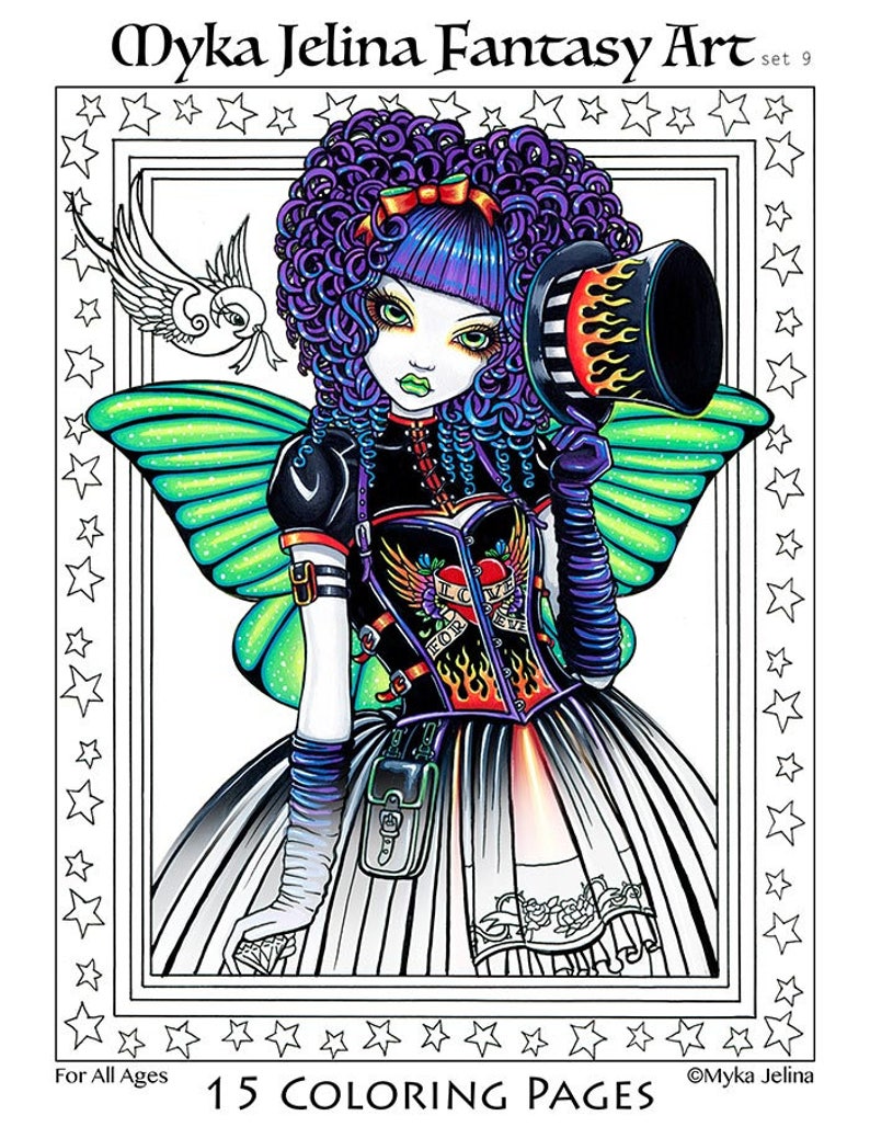 Set 9 Printed Coloring Pages FREE US SHIPPING Big Eyed Fairy Angel Art Loose Leaf Coloring Pack LIne Work 15 Pages image 1