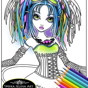 Luxie Nahaufnahme Linie Kunst Single Färbung Seite Digital Download Myka Jelina Art niedlich Cyberpunk Hula Hoop Dread Tattoo Fee