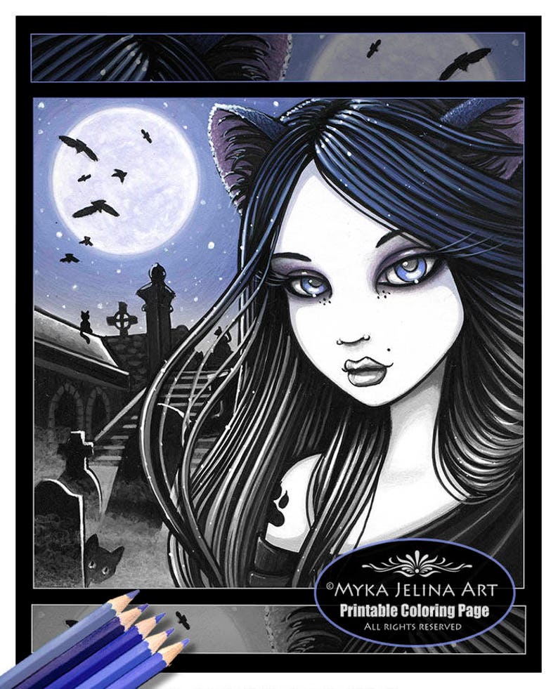 Lila Grayscale Digital Download Coloring Page Halloween Myka Jelina Art Cat Girl Black Cat Graveyard Full Moon Ravens image 1