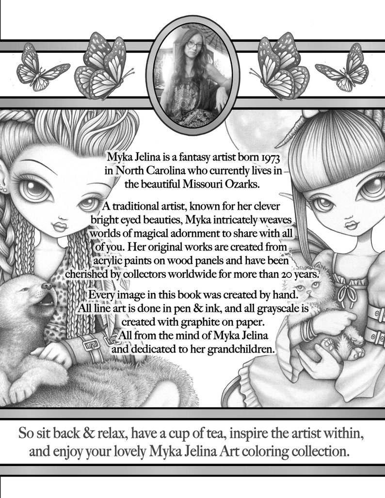 Myka's Minikins Bound Coloring Book 3 Autographed Artist Edition Big Eyed Child Fairy Line Art & Grayscale image 2