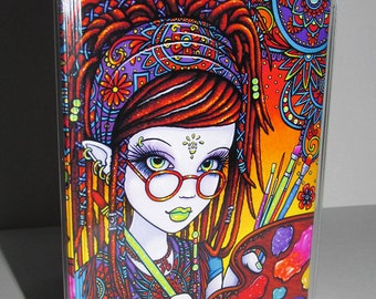 Dreamer Rainbow Fairy Artist Painter Dreadlocks Bohemian Fae Vinyl Business Card Holder Myka Jelina Art