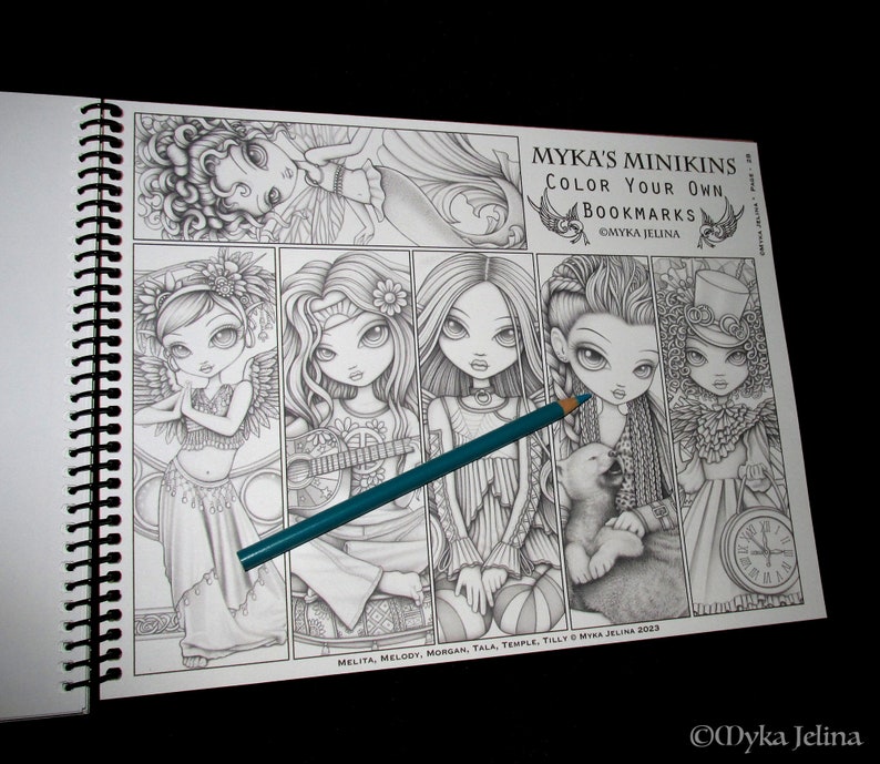 Myka's Minikins Bound Coloring Book 3 Autographed Artist Edition Big Eyed Child Fairy Line Art & Grayscale image 9