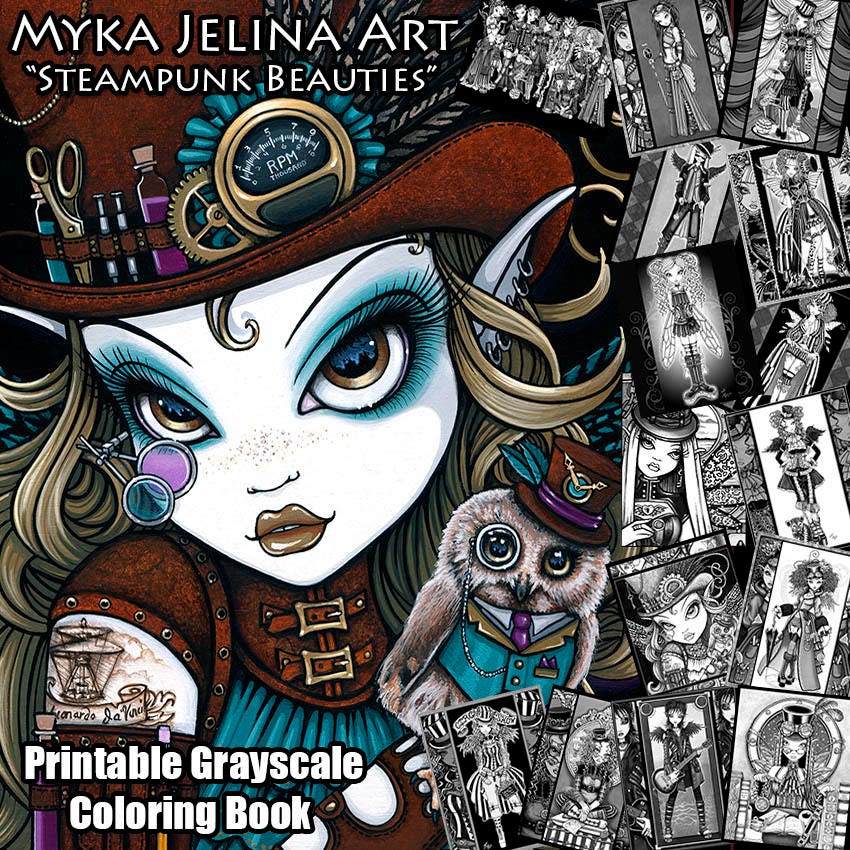 Set 4 Grayscale Printable Coloring Pages Steampunk - Etsy