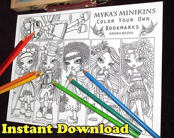 Mykas Minikins Bookmark Set #1 Coloring Page Cute Big Eyed Fairy Children Art