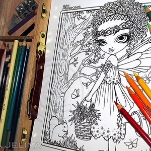 May include: A black and white line art coloring page featuring a fairy with wings, flowers in her hair, and a basket of flowers. The fairy is standing next to a tree and a squirrel. The image is titled "Mini-kins".