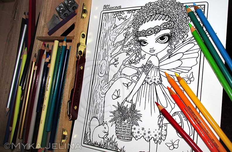 May include: A black and white line art coloring page featuring a fairy with wings, flowers in her hair, and a basket of flowers. The fairy is standing next to a tree and a squirrel. The image is titled "Mini-kins".