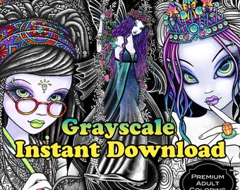 Set 13 - Grayscale Printable Coloring Set - Myka Jelina Art - Fairy Coloring - Fantasy Coloring Book - Download - Gothic - Angels