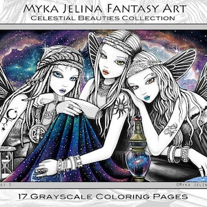 Set 3 - 17 Pages - FREE US SHIPPING - Celestial Beauties - Myka Jelina - Fantasy Art - Grayscale - Adult Coloring Pages - Star Child