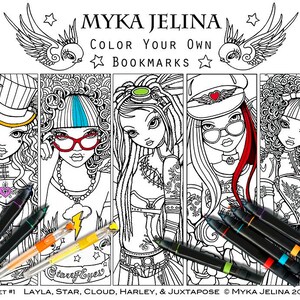 Op de afbeelding: Set van vijf zwart-wit kleurboekenleggers met gedetailleerde illustraties van gestileerde vrouwelijke figuren. De boekenleggers zijn gelabeld "LAYLA, STAR, CLOUD, HARLEY, & JUXTAPOSE" en bevatten de tekst "MYKA JELINA COLOR YOUR OWN BOOKMARKS". Er zijn verschillende gekleurde markers inbegrepen.