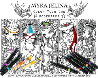 Bookmark Coloring Page Line Art Set #1 Digital Download Myka Jelina Fantasy Fairy Art Steampunk Tattoo Fae