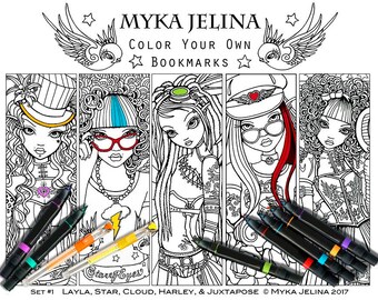 Line Art Set #1 Bookmark Coloring Page Digital Download Myka Jelina Fantasy Fairy Art Steampunk Tattoo Fae