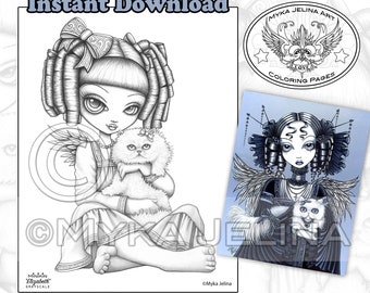 Minikin Elizabeth Grayscale - Instant Download - Coloring Page - Persian Cat - Child Angel - Children Art - Big Eyed Fairy - Princess